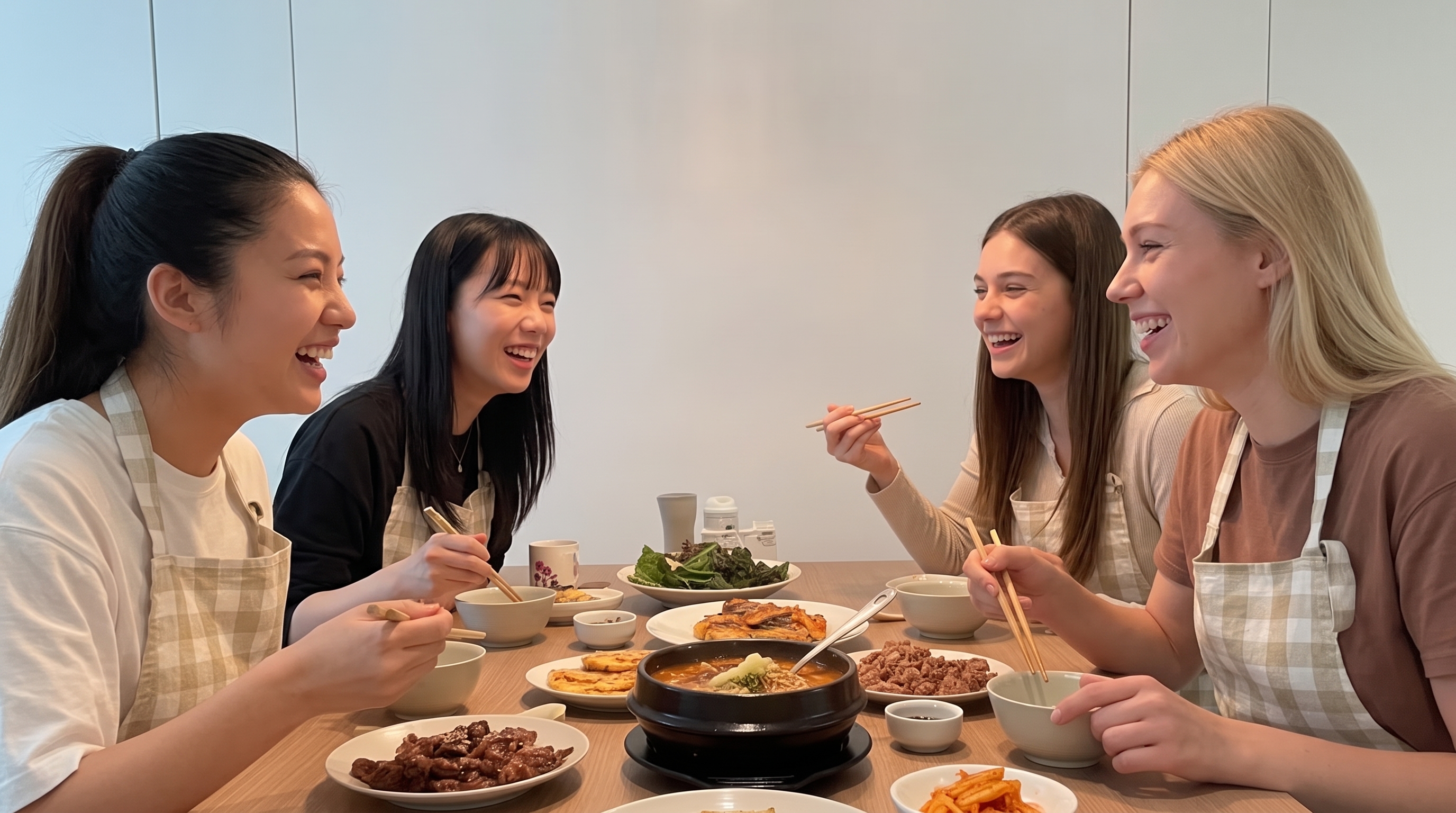 Friends laughing together over a Korean home-cooked meal